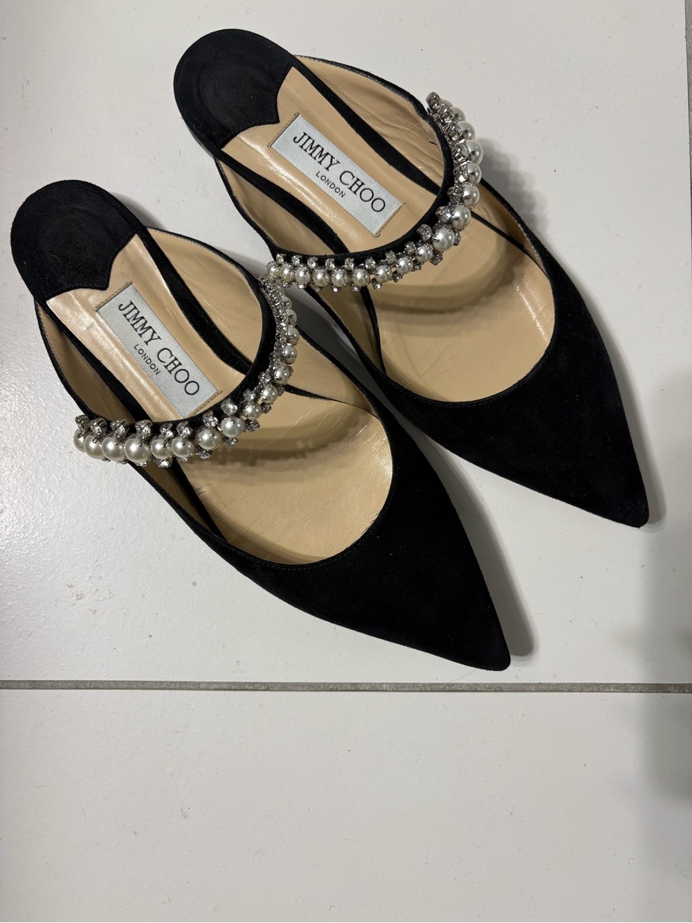 Jimmy Choo Black Suede Pointed-Toe Mules with Pearl Strap